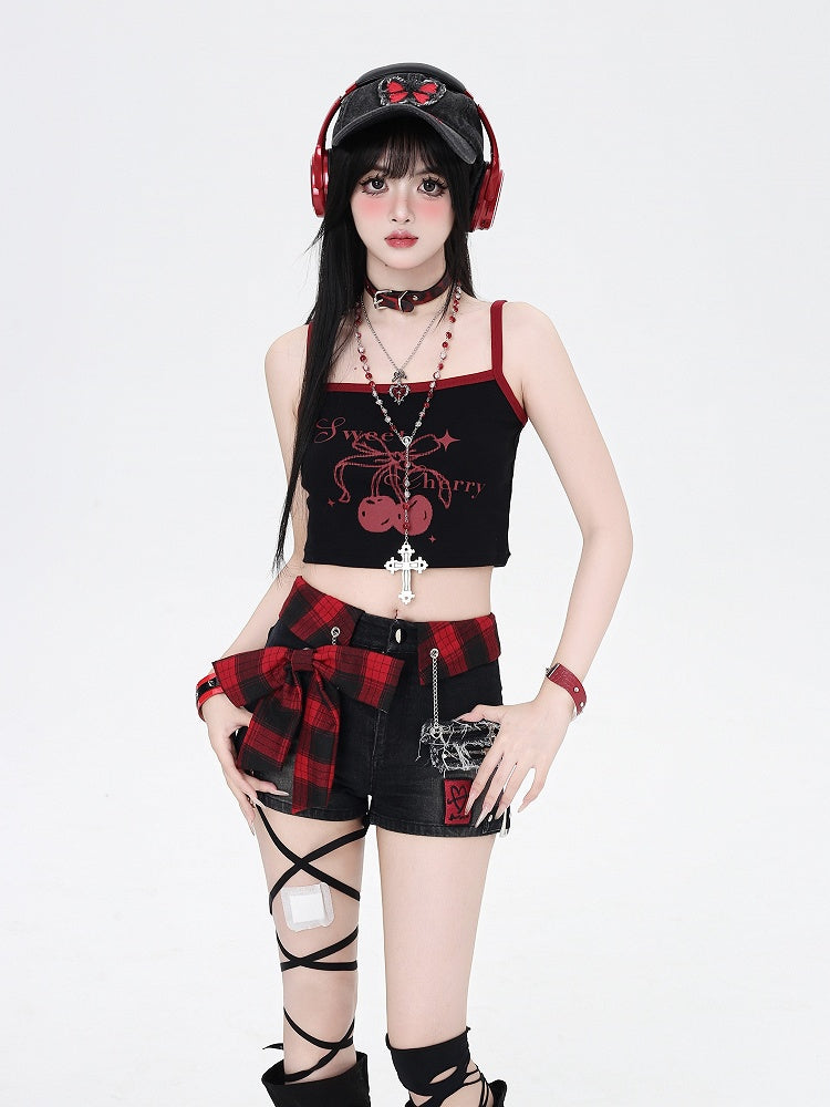 Red Denim Shorts Plaid Bowknot Black Glamorous