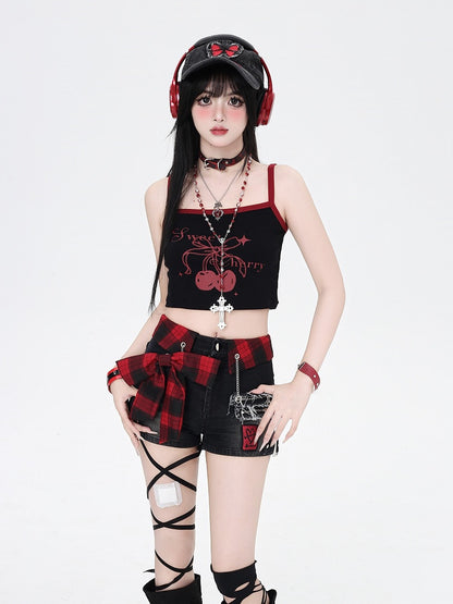Red Denim Shorts Plaid Bowknot Black Glamorous