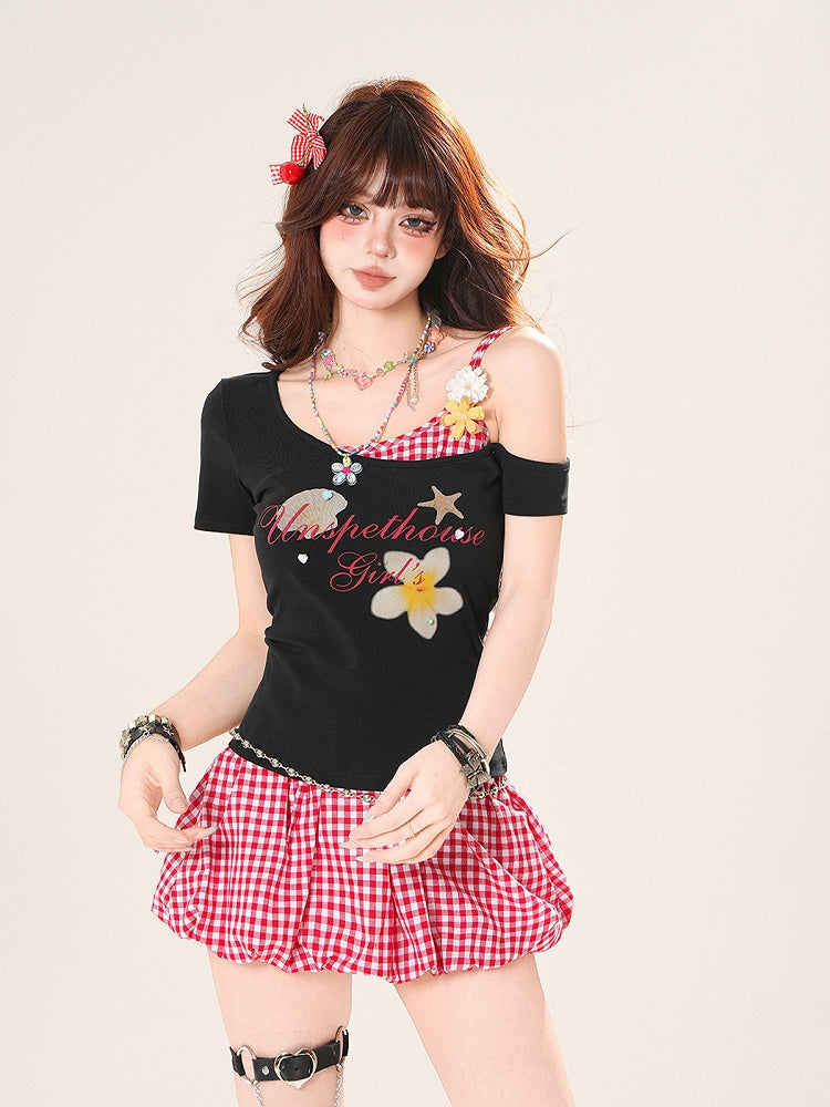 Faux Two-pieces T-Shirt Asymmetrical Neckline Floral Accents White/Black
