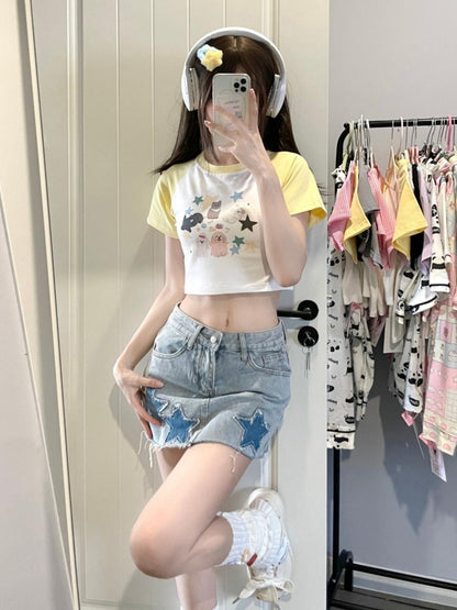 White Yellow Star and Puppy Print Cropped Top