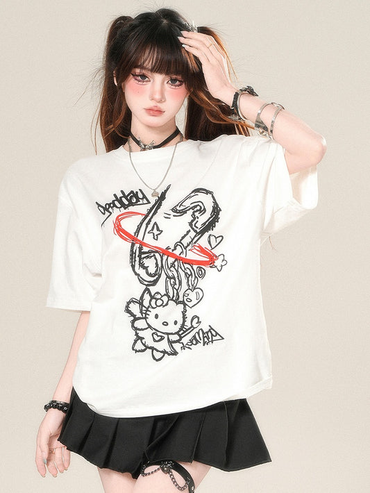 Kawaii Kitty Print T-shirt Daily White