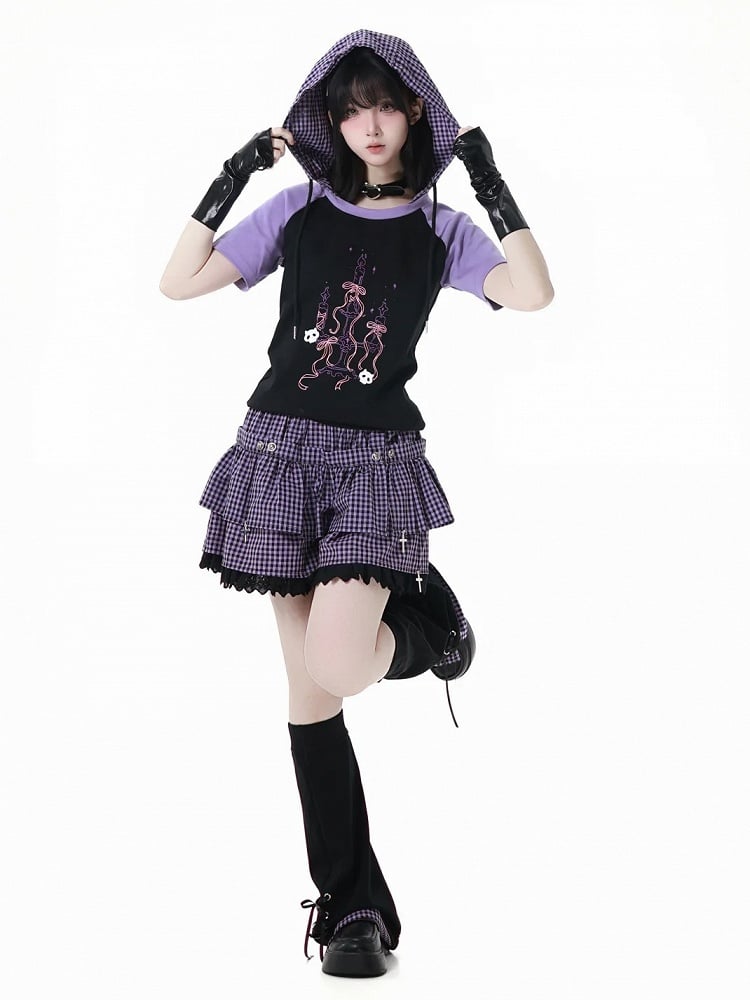 Y2K Purple Elastic Waist Lace Trim Plaid Skort