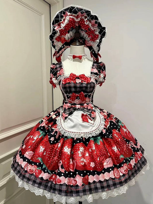 XXL Bust Apron Plaid Print with for 96-111CM Pattern Black Strawberry Sweet Dress Clearance-Size Summer and Lolita