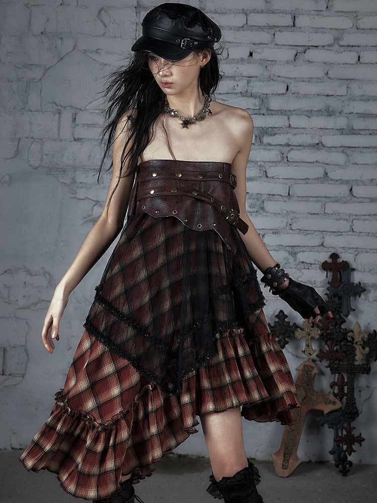 Hem Waistline Wasteland Asymmetrical Studs Punk Skirt BlackRed Plaid PU Pattern Flounce