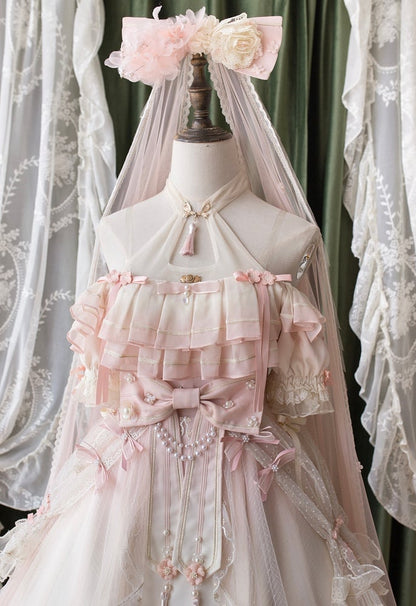 Ombre Pink Peach Blossom Halter Neck Han Lolita Dress