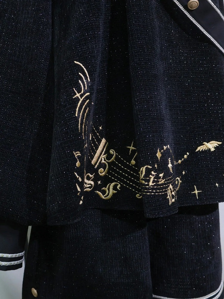 Black Ouji Glittering Waffle Top with Music Notes and Fringe Sash