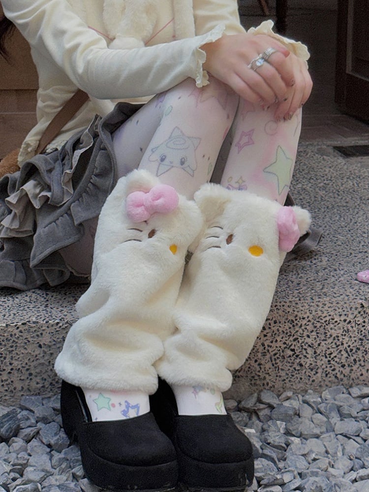 White Cute Kitty Plush Leg Warmers
