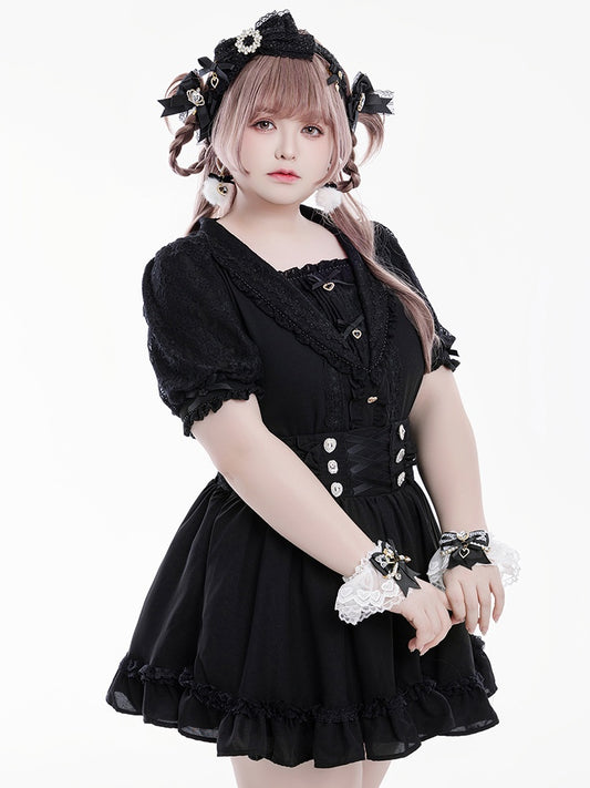 Jirai Kei Matrosenkragen, schwarze Bluse mit Strasssteinen, kurzen Ärmeln, herzförmiger Schleife und Verzierungen