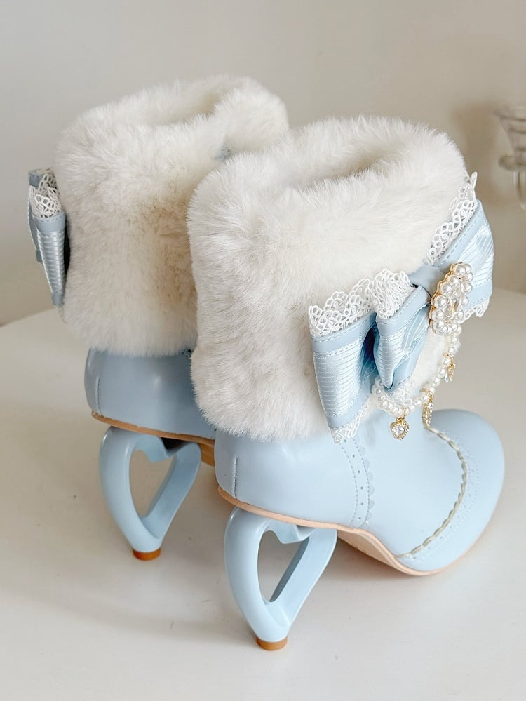 Sweet Leather Heel Boots Blue Style Bow PU Rhinestone - a with in Heart-Shaped Beaded Heart