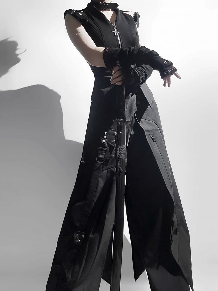 Black All Full Fashion Sleeveless Ouji Techwear - Gothic Set Top
