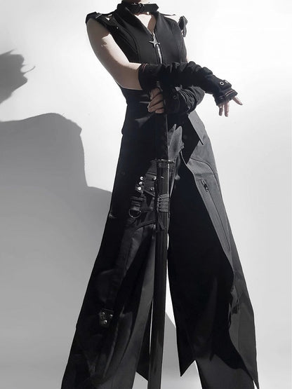 Black All Full Fashion Sleeveless Ouji Techwear - Gothic Set Top