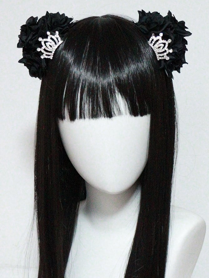 Crown Black/Silver Hairclips Design Ear Decorated Floral Bear