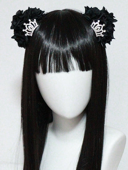 Crown Black/Silver Hairclips Design Ear Decorated Floral Bear