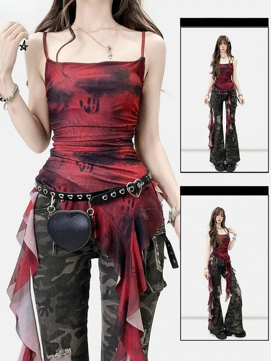 Wine Cascading Red Ruffle Hem Dye Tie Cami Design Top Asymmetrical Accents