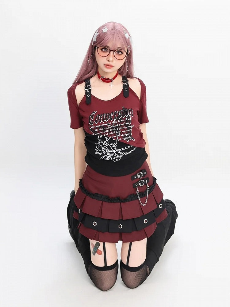 Butterfly Print T-Shirt Short Colorblock Cutout Shoulder Version Red/Pink/Purple Y2K