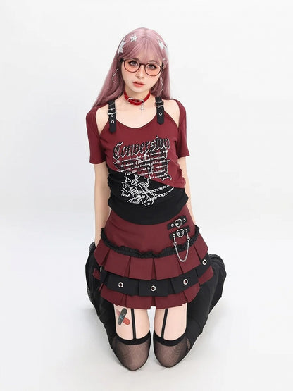 Butterfly Print T-Shirt Short Colorblock Cutout Shoulder Version Red/Pink/Purple Y2K