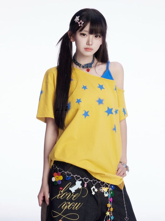 Star Faux Asymmetrisches T-Shirt Blau Print Ausschnitt Gelb