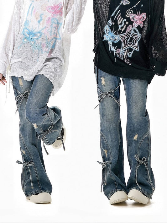 Bow Accents Flared Jeans Blue Faded Wash Distressed Holes Light