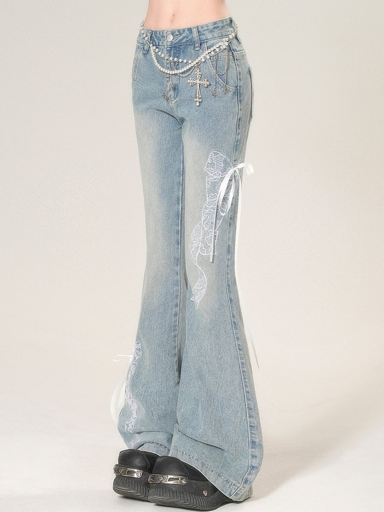 Bowknot Glamorous Flare Lace Embroidered Blue Jeans Silhouette
