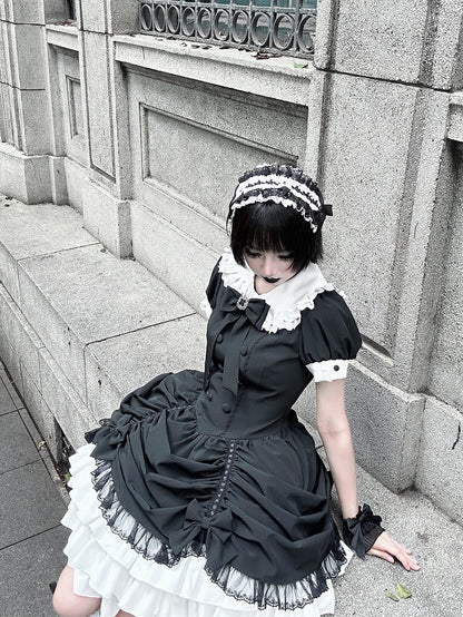 und asymmetrisches Kleid Schwarz Lolita Peter Pan Weißer Rock Stufen Gothic Ärmel Kragen Kurz