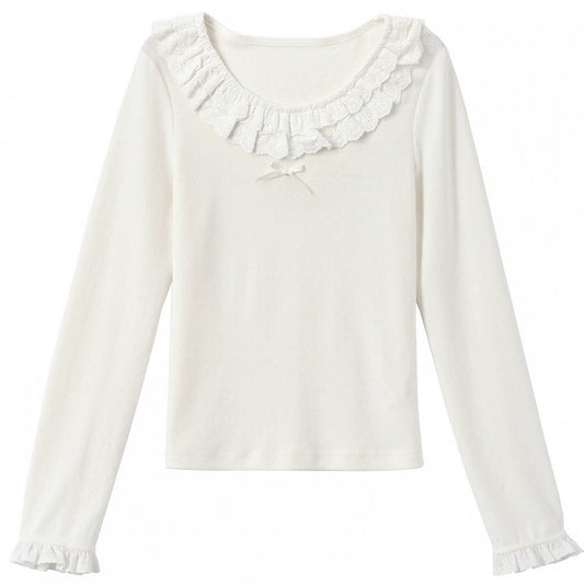 White Lace Trim Round Neck Slim-fit Top