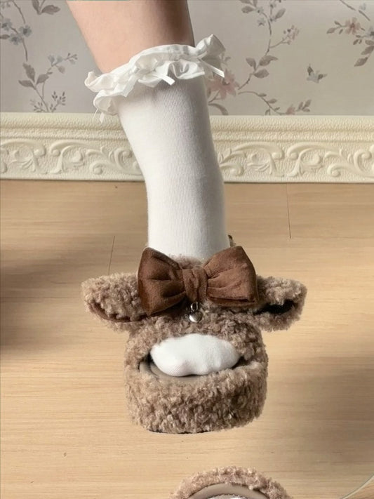 Brown Cute Bow Accents Lamb Ears Platform Winter Slipper