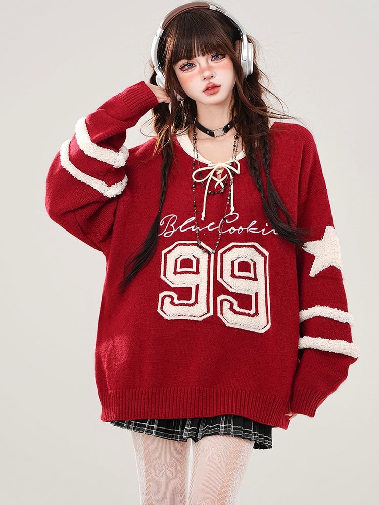 Red/Grey Numbers Lace-up Detail V-neck Loose Sweater