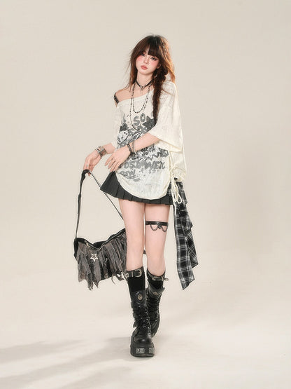 Asymmetrical Hem Glamorous Dark Gray Plaid Patchwork Design Pleated Skirt