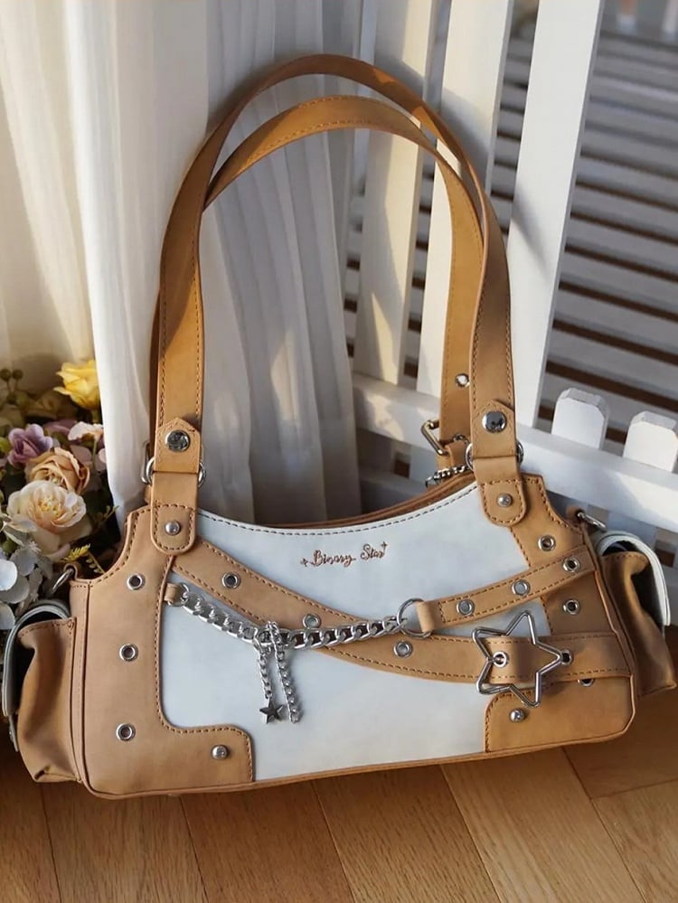 Star Brown Y2K Charm PU Bag With Light Shoulder Ita