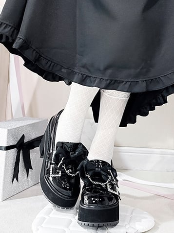 Black Polished Cross Decorated Bow Kei Rhinestoned Platform Buckles Loafers Jirai Chain