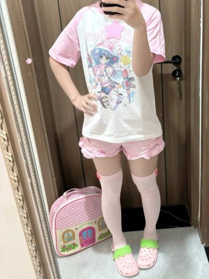 T-Shirt mit Anime-Mädchen-Print, Stern und Halsband, rosa und weißes Colorblock-Design, kostenlos