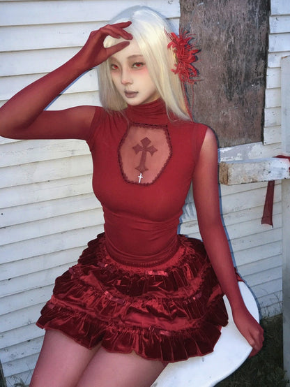 Gothic Dark Red Coffin Cutout Cross Detail Modal High Neck Sleeveless Top