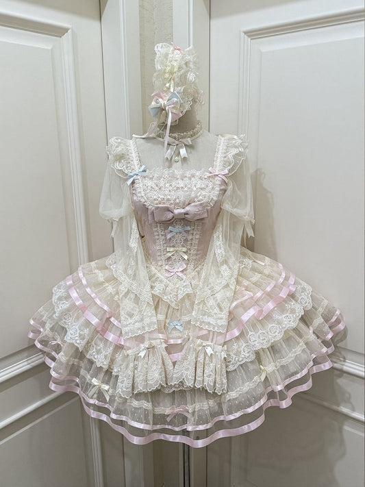 Korsett mit Prinzessinnen-Taille, rosa Tüll, mit großem Rückenrock, JSK, mehrlagige Schleife, Lolita