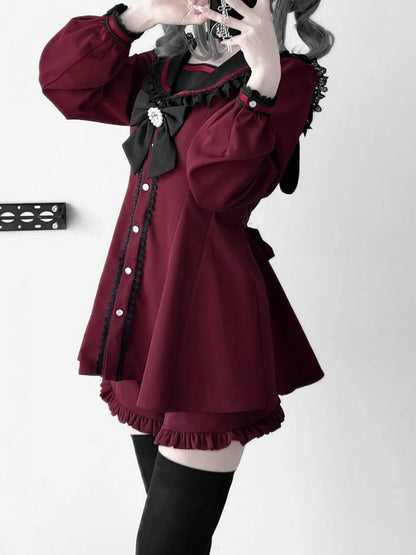 Kei Ears Jirai Red Set- Back Bow Design + Wine Mini Dress + Ruffle Hem Shorts Tie Sailor Collar Bunny