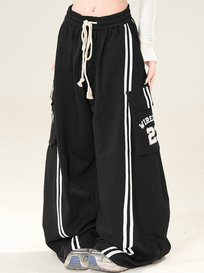 Decorated Number Black Wide-leg Pants Pockets Letter Cargo Cut Print And Bittersweet