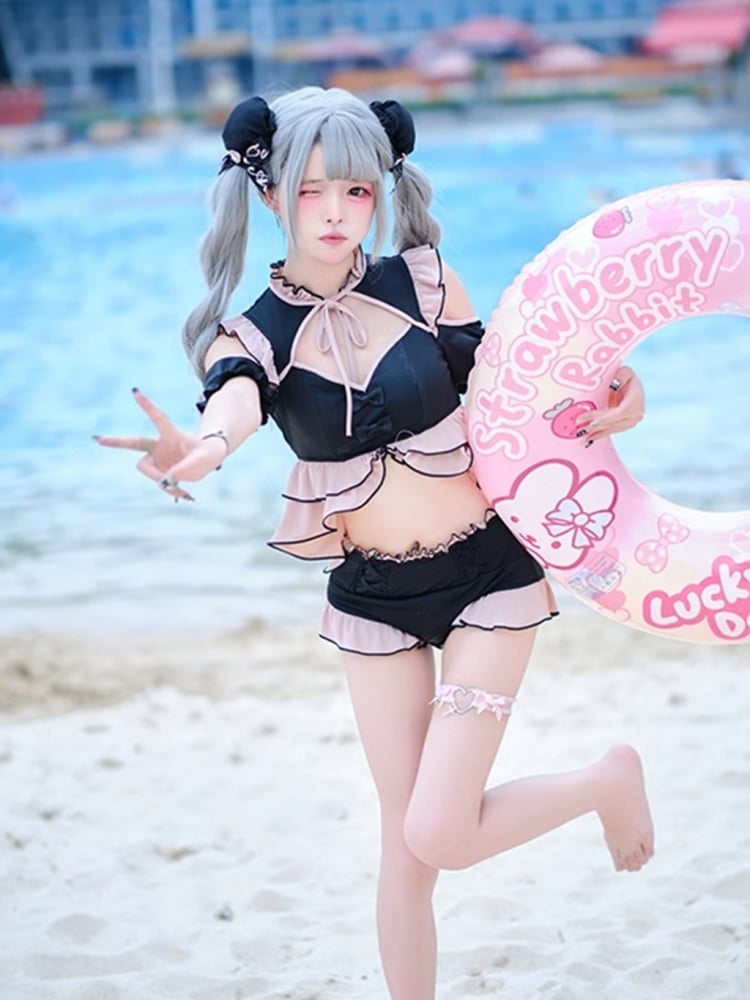 Black Pink Cutout Puff Sleeves Swimsuit