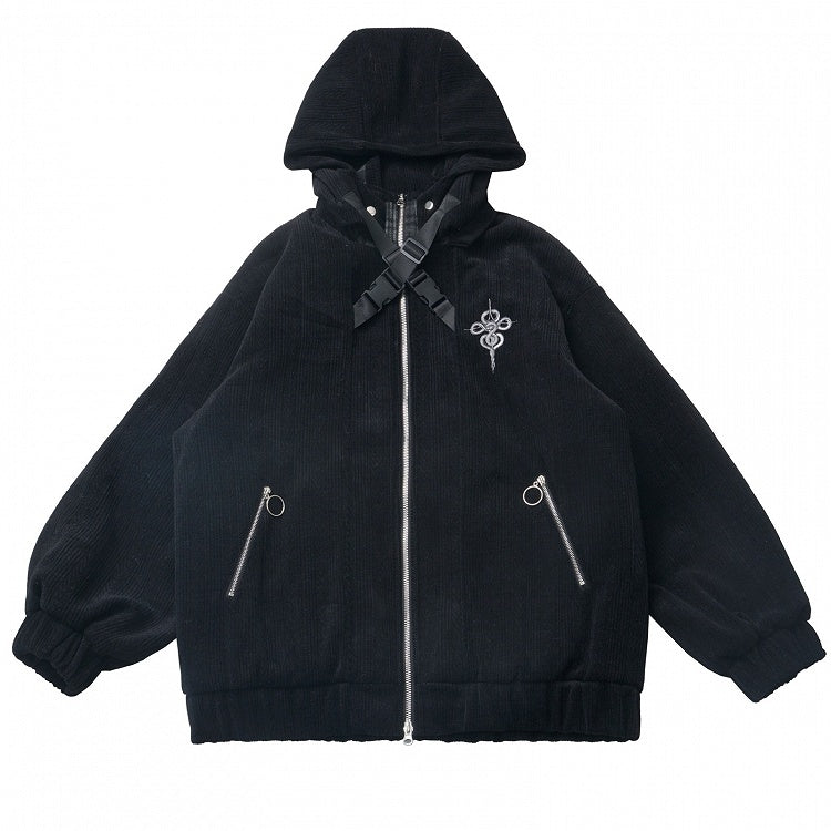 Black Snake Criss-cross Buckle Straps Hooded Jacket
