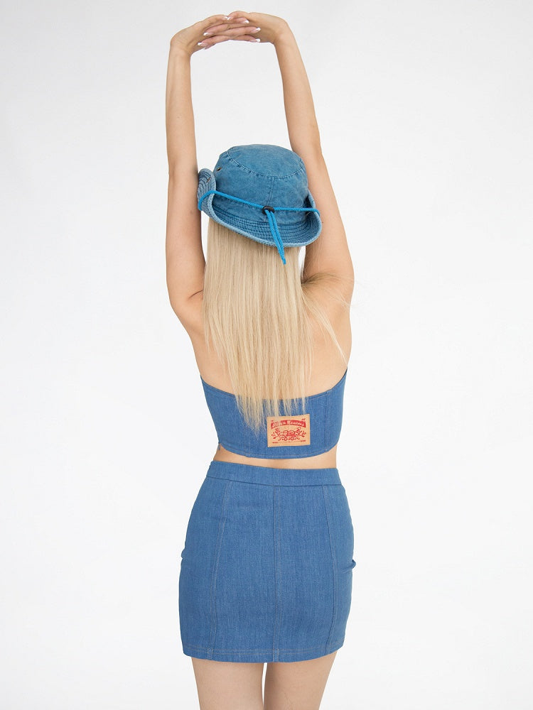 Denim Blue Curved Hem Backless Glamorous Cheongsam Sleeves Top