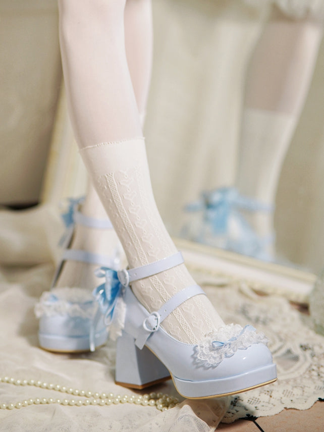 Blue Heels Top Knotted Buckles at Bow High Trim Lace Block Heart