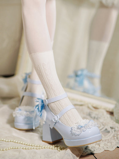 Blue Heels Top Knotted Buckles at Bow High Trim Lace Block Heart