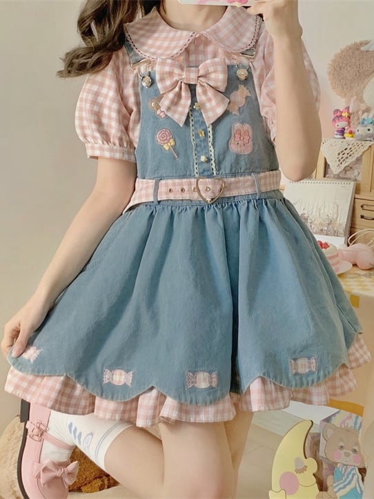 Light Blue Candies Sweet Denim Overall Dress Scalloped Edge Trim Skirt