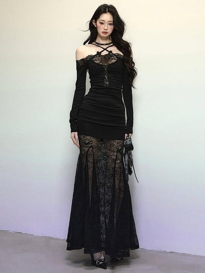 Robe longue sirène en dentelle noire patchwork, bretelles croisées, dos nu, robe de soirée