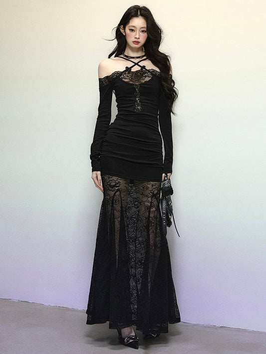 Robe longue sirène en dentelle noire patchwork, bretelles croisées, dos nu, robe de soirée