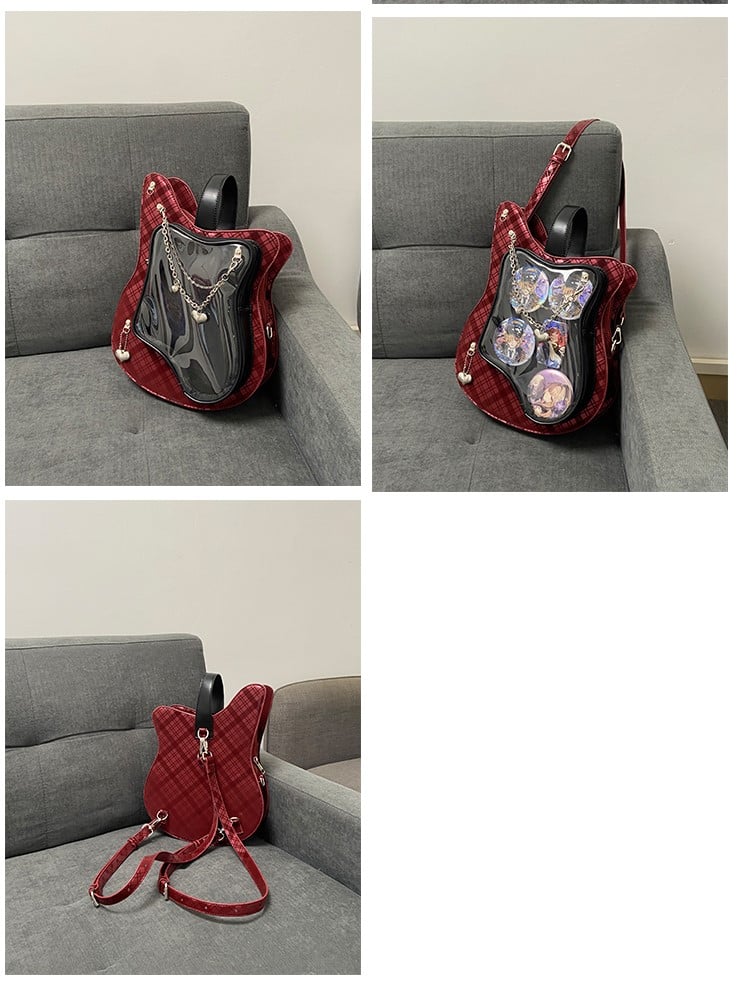 Edgy 2-Way Y2K Black  Red Plaid Guitar-Shaped Ita Bag With Heart Chain Accents