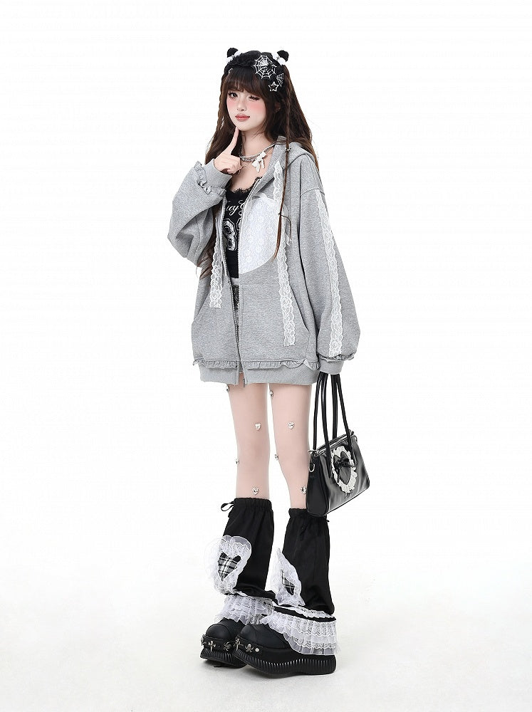 Light Gray Lace Applique Ruffled Trim Zip Closure Hoodie