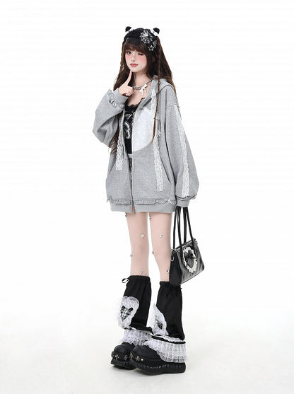 Light Gray Lace Applique Ruffled Trim Zip Closure Hoodie