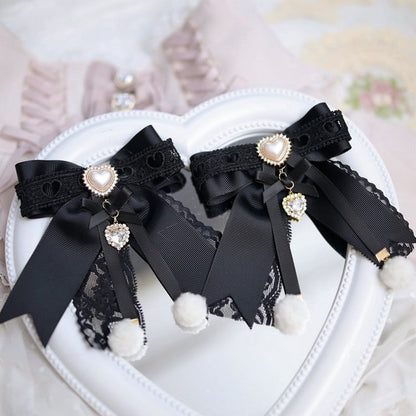 Jirai Kei Dusty Black&White Beaded Heart Lace Bowknot Hairclips