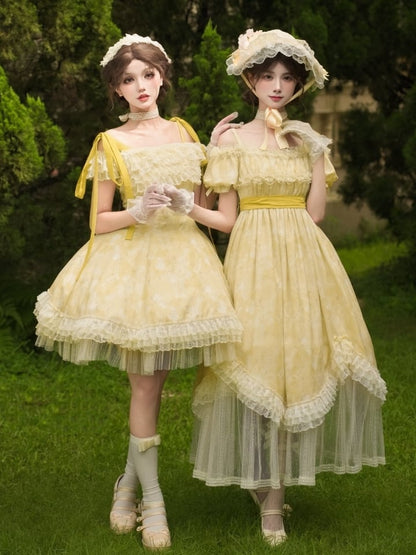 Light and Dress High Waist Lolita Butterfly Neckline Versatile Yellow Bows Print