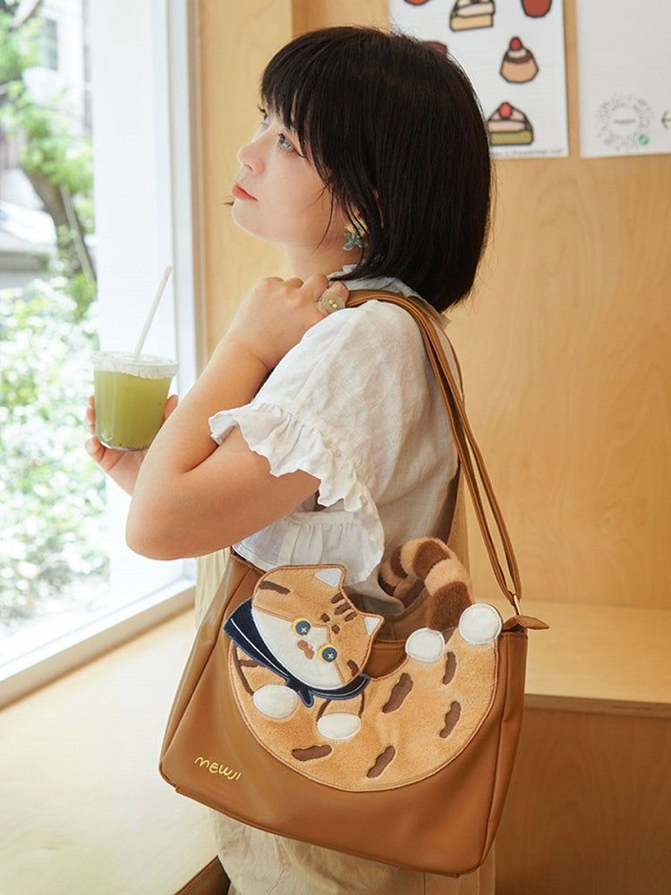 Cute Cat Design Brown Crossbody Bag