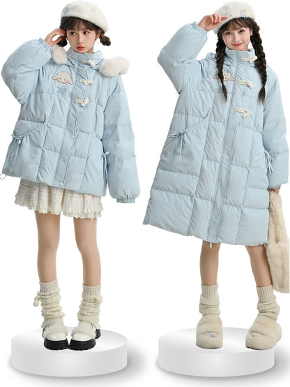 Blue Cute Lamb Applique Bowknot Details Hooded Down Coat Short Version